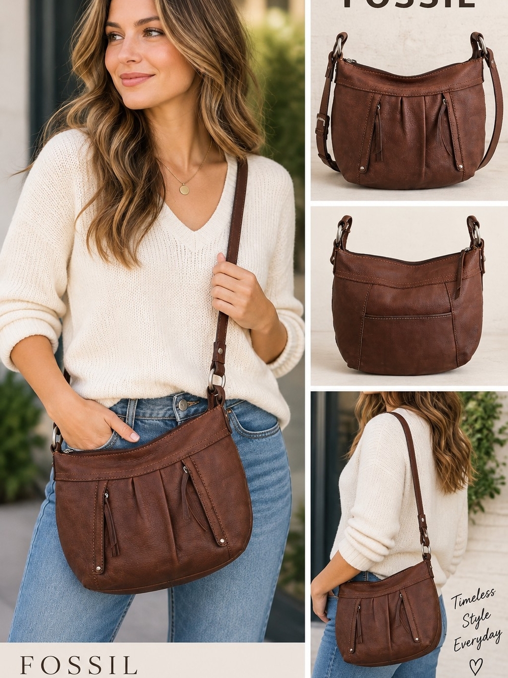 Fossil Brown Pebbled Leather Crossbody Bag